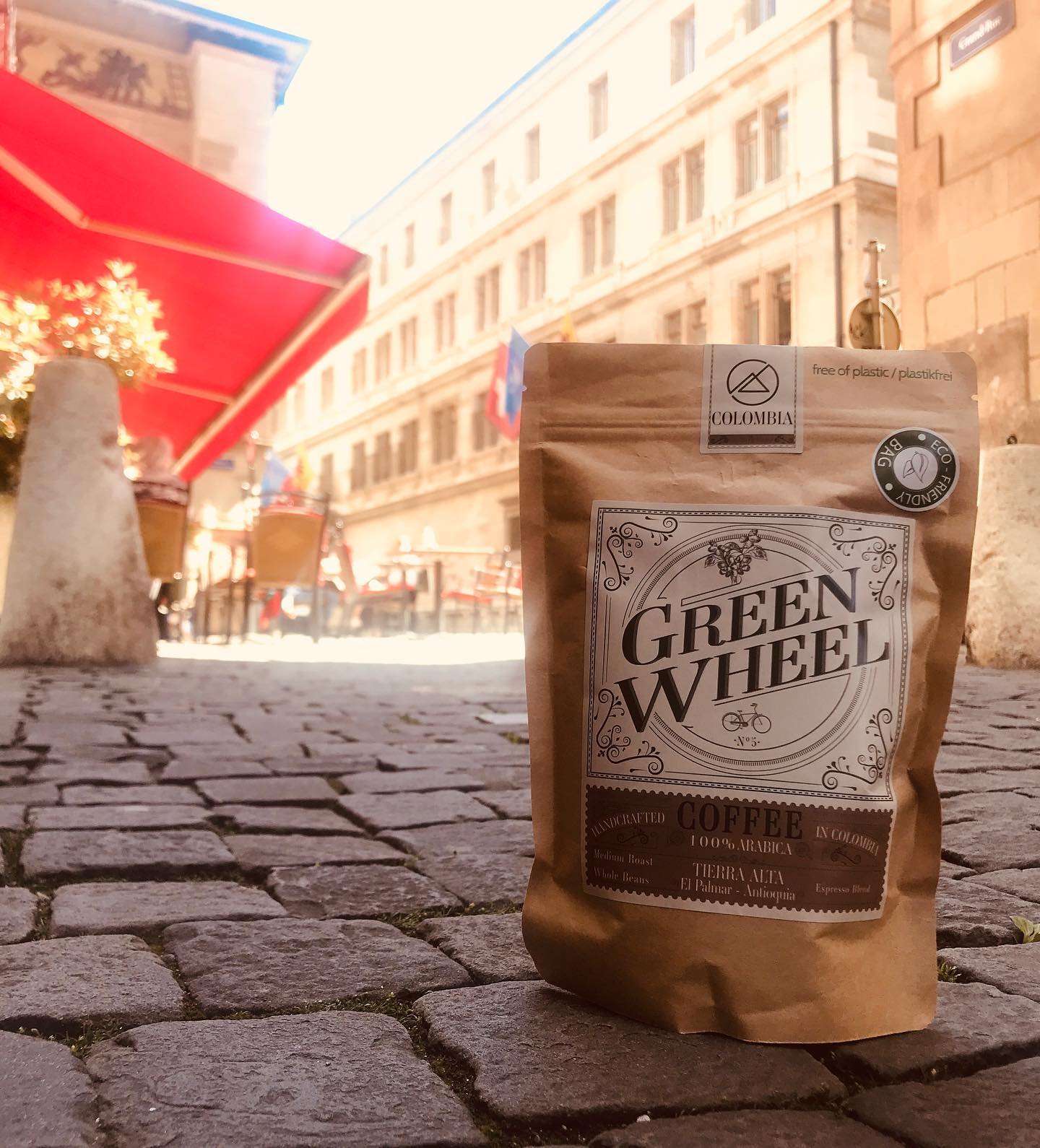 Coffee bag on cobblestone